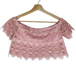 Forever 21 Pink Crocheted Off Shoulder Crop Top Size Small